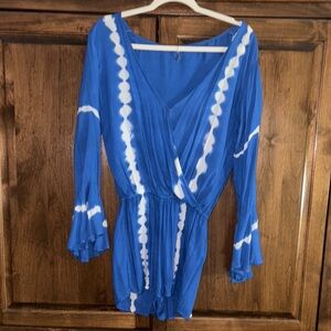 INDAH Blue and White tie dye bell sleeve Long Sleeve Romper XS